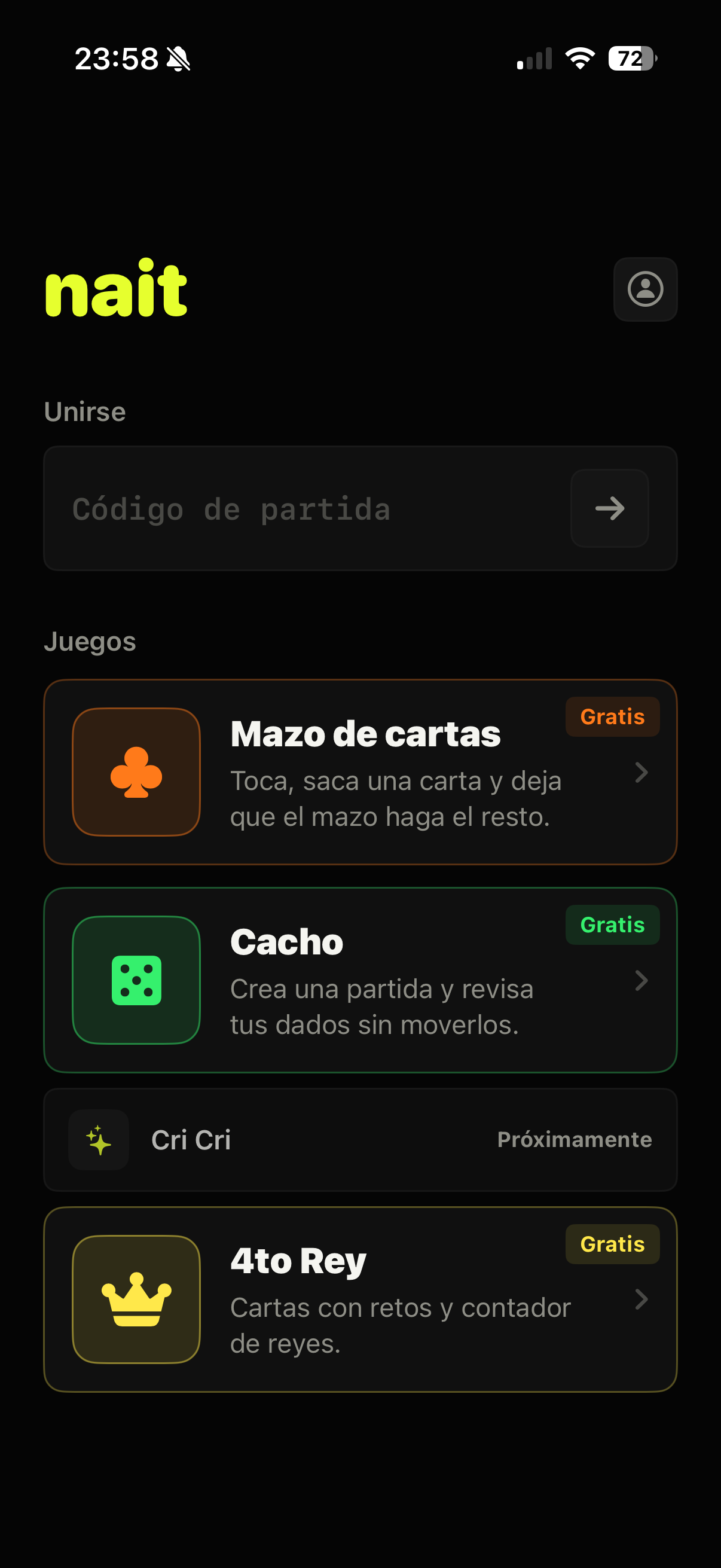 Pantalla principal de Nait con la lista de juegos