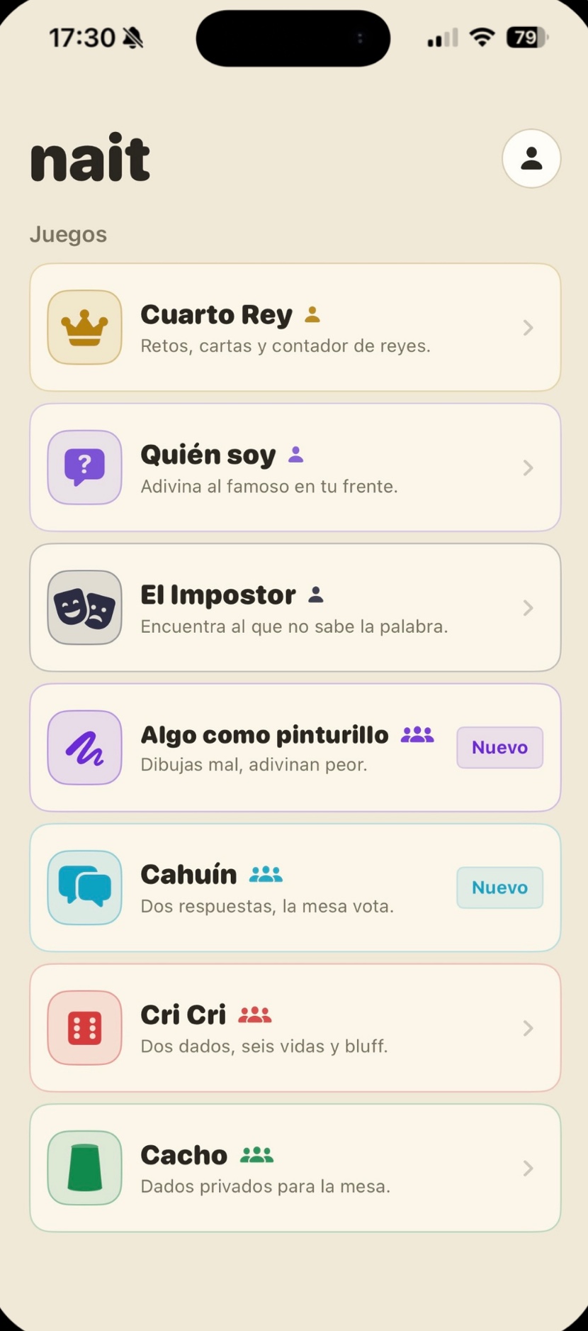 Pantalla de inicio de Nait con sus siete juegos
